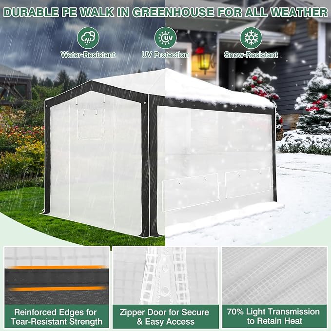 EAGLE PEAK 12x8 Portable Walk in Greenhouse with Polyester Reinforced Corners, Instant Pop up Indoor Outdoor Gardening Green House, Roll Up Zipper Doors Mesh Windows & Winter Support Pole, Gray/White