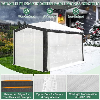 EAGLE PEAK 12x8 Portable Walk in Greenhouse with Polyester Reinforced Corners, Instant Pop up Indoor Outdoor Gardening Green House, Roll Up Zipper Doors Mesh Windows & Winter Support Pole, Gray/White