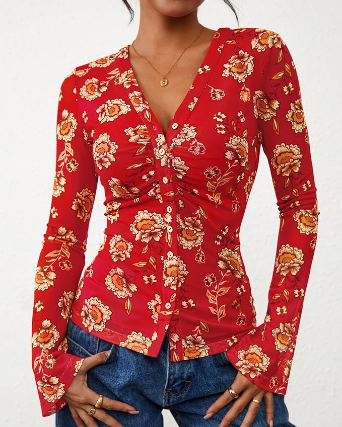 BTFBM Button Down Shirts for Women 2026 Fall Boho Tops V Neck Long Sleeve Blouses Ruched Mesh Fitted Fashion Clothing