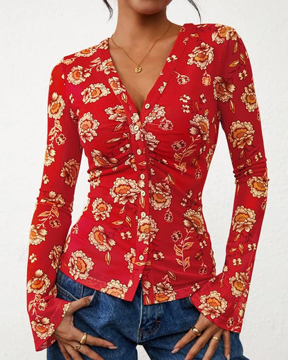 BTFBM Button Down Shirts for Women 2026 Fall Boho Tops V Neck Long Sleeve Blouses Ruched Mesh Fitted Fashion Clothing