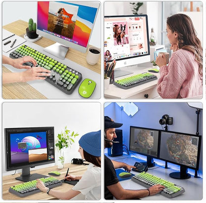 Wireless Keyboard and Mouse Combo, 104 Round Keys Cute Colorful Keyboard and Mouse with Retro Typewriter for PC Mac Laptop Tablet Computer Windows Gray Green