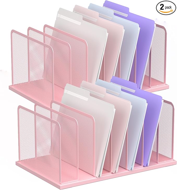 Kuntine.B 7-Section Upright Desk File Organizer Pink 2 Pack | Vertical, Mesh, Metal, Assembly, Stability, Sturdiness, Organization, Standing