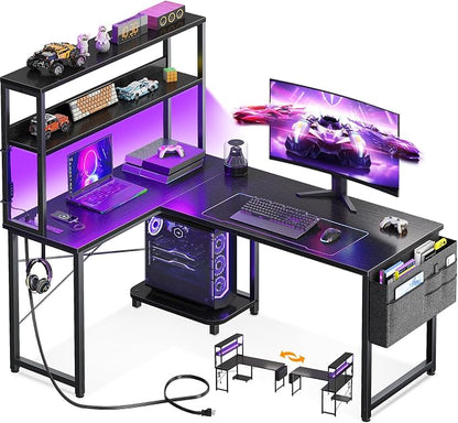 AODK L Shaped Desk Gaming Desk with LED Light & Power Outlet | 43 Inch Black Reversible L Shaped Computer Table with Shelf, Corner Desk with Storage Bag&Hook for Home Office Desk