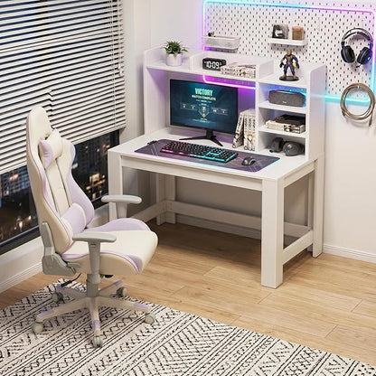 WINAZ White Desk with Hutch and Power Outlet, 43 Inch Small Space Computer Writing Desk with Storage Shelves, Modern Home Office Workstation for Bedroom Dorm