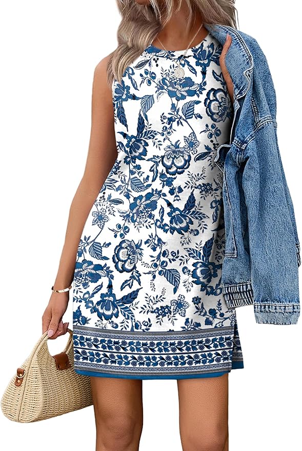 WIHOLL Casual Dresses for Women Crewneck Sleeveless Tank Dress Summer Spring Boho Vacation Clothes