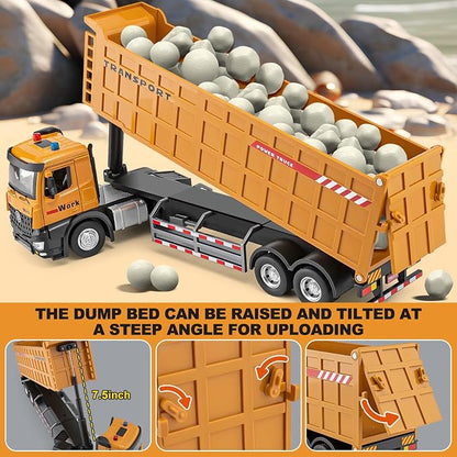 HAPYAD Dump Truck Toy Metal Cab, Big Trucks for Toddlers Boys 3-5, 16.5" | Large Semi Truck, Lights and Sounds, Friction Powered, Trucks for Toddlers 1-3 Boys, Diecast Construction Toys