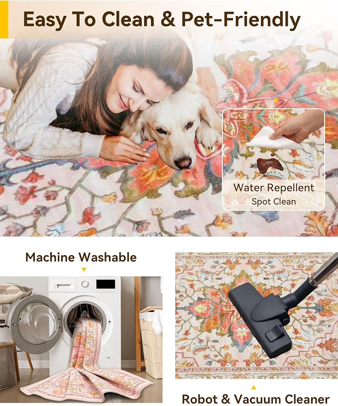 RELEANY Area Rugs 7'x10' Washable Non-Slip, Floral Vintage Distress Medallion Carpet for Living Room Bedroom Dining Room, Light Pink Colorful
