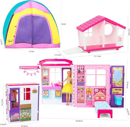 Style Shine Doll House Portable & Foldable Dollhouse w/ 60+ Pcs & 2 Dolls, Play House Toy with Bedroom Kitchen Pet House Camping Playset, Playhouse Gift for Girl Kid Toddler
