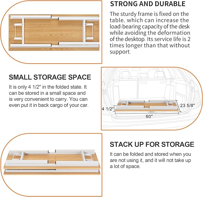 Need Office Computer Desk 60 Inch Sturdy Folding Laptop Table Teak | White Frame Writing Gaming Work Table/Foldable Home Office Desk/Sewing Table, No Assembly Required