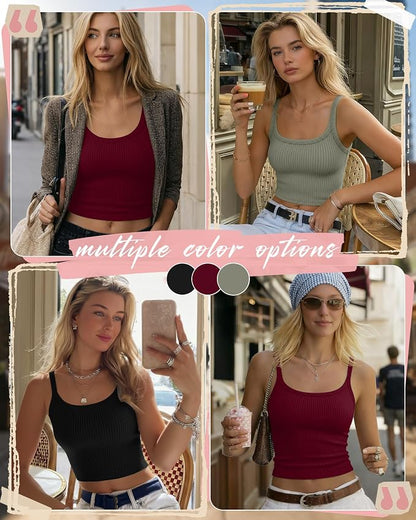 Ficerd 3 Pack Women's Tank Tops 95% Cotton Spaghetti Strap Ribbed Crop Camisole Slim Fitted Basic Summer Sleeveless Layer