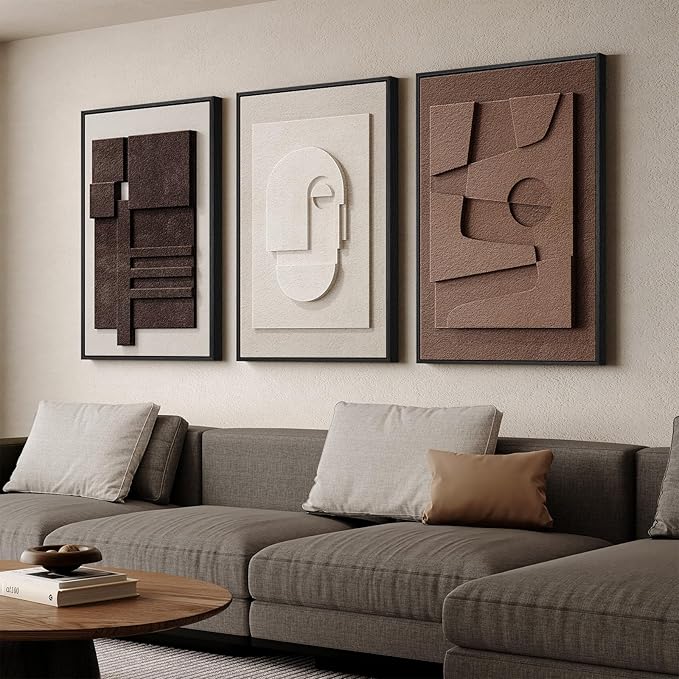 Large 3D Textured Framed Neutral Abstract Wall Art for Living Room, 3 Piece Modern Artwork for Walls, Minimalist White and Brown Geometric Wall Paintings for Hallway, Stair, Office Wall Decor 24x36 In