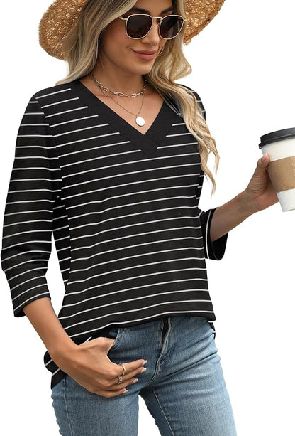 WIHOLL Womens Tops 3/4 Length Sleeve V Neck Casual Tunic Tops Basic Shirts Loose Fit Blouse