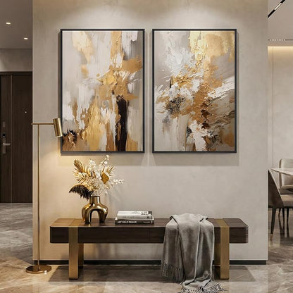 Large Framed Neutral Abstract Wall Art, 2 Piece Modern Canvas Prints Paintings, Beige Gold Abstract Pictures for Living Room Hallway Dining Room Bedroom Office Wall Decor 24x36 In