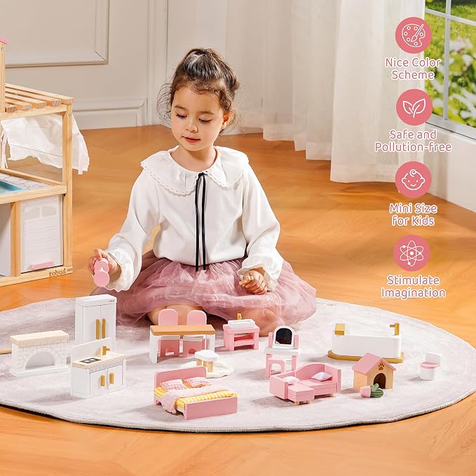 ROBUD Wooden Dollhouse Furniture Set, 28 Pcs Doll House Accessories, Miniature Furniture Including 6 Room Kits, Pretend Play Toys, Gift for Boys and Girls,3+