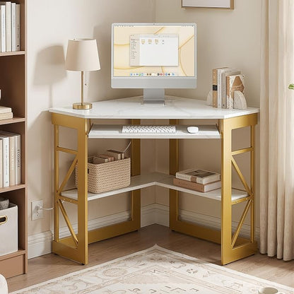 VECELO Corner Desk, Triangle Computer Desk for Small Space with Charging Station and Keyboard Tray, Corner Makeup Table with Storage Shelves for Home Office Bedroom, 41x30, Gold