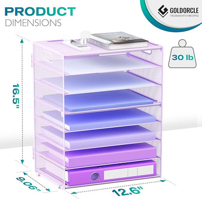 8 Tier Paper Letter Tray Organizer with Handles for Desk (Purple) | Mesh Desk File Holder Storage Organization for Home School Classroom & Office