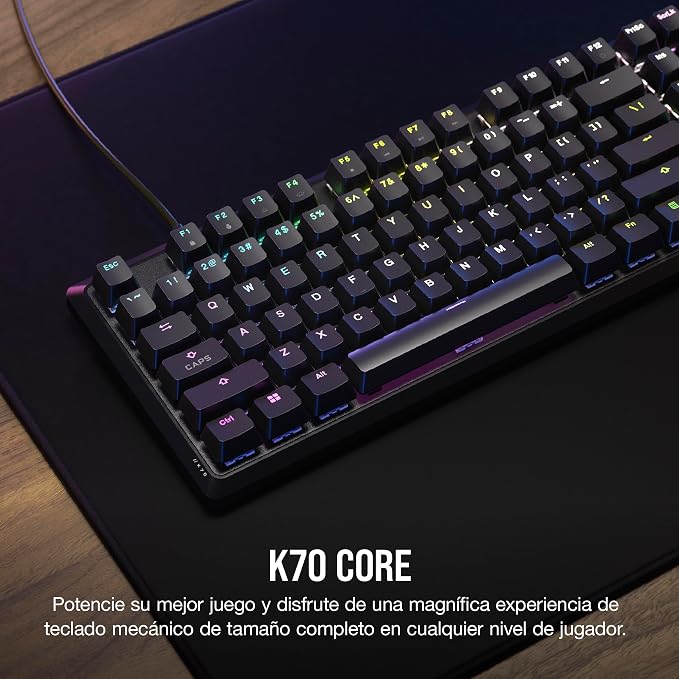 CORSAIR K70 CORE RGB Mechanical Wired Gaming Keyboard with Palmrest – Pre-Lubed MLX Red Linear Switches, SOCD, ABS Double-Shot Keycaps, Sound Dampening, Media Control Dial, QWERTY NA – Black
