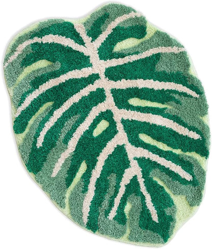 Monstera Non Slip Bath Mat or Kitchen Tufted Rug, Plant Leaf Shaped Kids Pets Floor Mat Carpet, Green, 32" x 24"