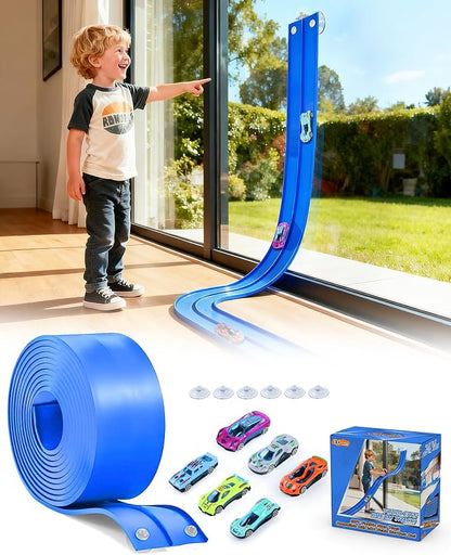 15 Ft Flexible Car Tracks for Kids Age 3 Up, Race Track with 6 Toy Cars, Flex Track Compatible Diecast 1/64 Cars with Suction Cups, Birthday for Boys (Blue)
