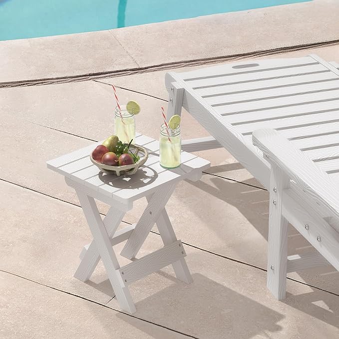 LUE BONA Small Outdoor Folding Side Table, HDPS Outside End Table for Patio, Porch, Deck, Pool, 14 Inch Height, White
