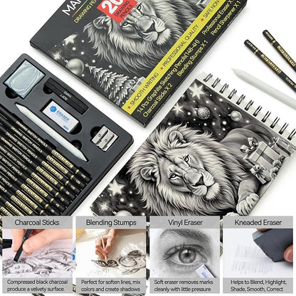 MARTCOLOR Drawing Sketching Pencil Set, 20 Pieces, Graphite Pencils (14B-4H), Charcoal Sticks, Stump, Eraser, Sharpeners, Ideal for Drawing Art, Sketching, Artist Pencils for Beginners & Pro Artists