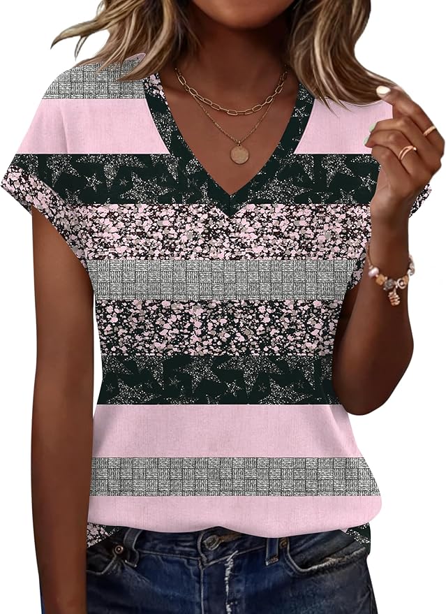 Rapbin Womens Summer Tops Women Blouses Dressy Casual V Neck T Shirts Short Sleeve Spring Tops for Women