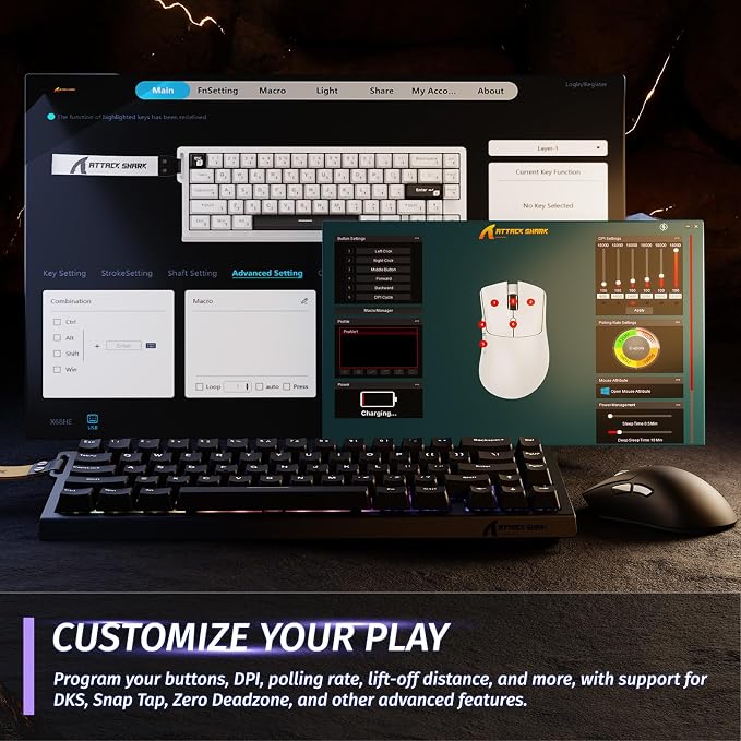 ATTACK SHARK X68 HE 60% Wired RT 8K Keyboard and Wireless R1 Mouse-Black | Adjustable Actuation,Hall Effect Mechanical Magnetic Switch,Coiled Cable,USB C/2.4Ghz/BT Ultralight 18K DPI Mice for PC Gamer