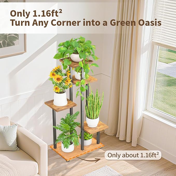 LASZOLA Black 5 Tiered Wood Plant Stand Indoor for Large Heavy Duty Planter, Sturdy Multi Level Corner Vertical Flower Rack for Narrow House, Rustic Tall Orchid Shelving Holder for Decor, Space Saving