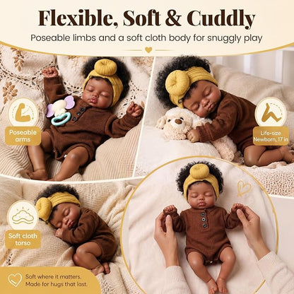 BABESIDE Black Reborn Baby Dolls, 17 Inch Realistic Black Newborn Lifelike Real Life Baby Dolls Soft Vinyl & Cloth Body with Feeding Kit Gift Box for Kids Ages 3+