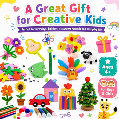 FUNZBO 1200pcs+ Craft Kits with Pipe Cleaners, Pom Poms for Crafts, Popsicle Sticks for Craft, Arts & Crafts Supplies for Kids Ages 4-8 Girls & Boys Birathday Gifts