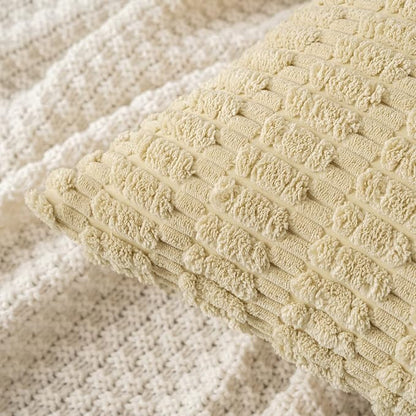 MIULEE Pack of 2 Corduroy Decorative Euro Sham Throw Pillow Covers 24x24 Inch Soft Boho Striped Pillow Covers Modern Farmhouse Home Decor for Sofa Living Room Couch Bed Beige