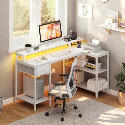 DUMOS 47 Inch Gaming Desk, Monitor Stand, LED Lights, Storage Shelves | USB Charging Ports, Power Outlets, Reversible L Shaped Corner, Small Spaces, White