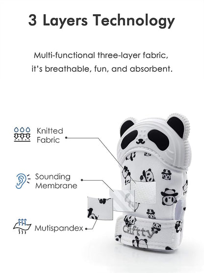 Giftty Baby Teething Mitten Panda Hand Teether Soothing Glove Wearable Teething Toy with Crinkle Sound, Multi Textured for Infants 3-12M (1 Pair)