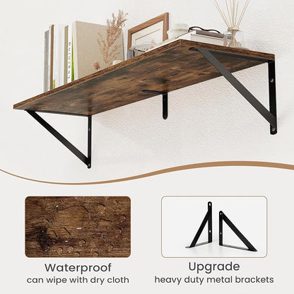 Heimlove Deep Floating Shelves for Wall, 32W x 8D Wood Wall Shelves Set of 2, Wide Floating Bookshelf for Living Room, Kitchen, Office, Bedroom and Decor Storage, with Metal Bracket - Rustic Brown