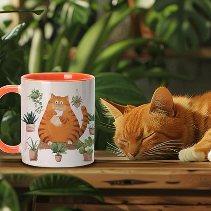 Hyturtle Cute Orange Cat Coffee Mug Gifts For Cat Mom, Plant Decor Gifts | Birthday Christmas Gift for Plant Lovers, Gardeners, Premium 11oz Two Tone Orange Ceramic Tea Cup, Perfect for Daily Drinks