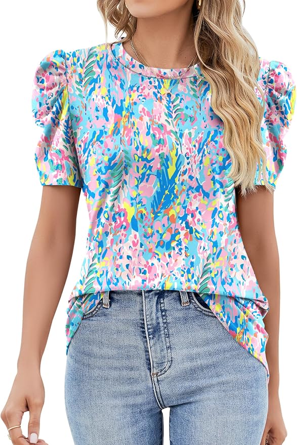 Ivicoer Puff Short Sleeve Shirt for Women Eyelet Tops Summer Crewneck Blouse Loose Fit S-XXL