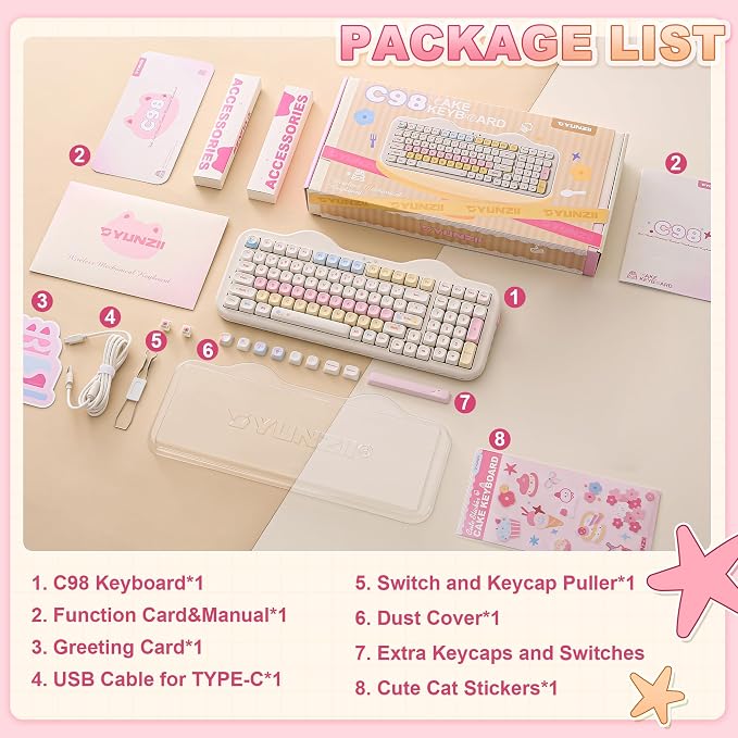 YUNZII C98 Cute Cake Wireless Mechanical Keyboard (Beige, Candy Switch) | 99 Keys with Number Pad, Hot Swap, PBT MOA Keycaps, BT5.0/2.4G/USB-C, Gasket Mount, Custom RGB Backlit for Win/Mac