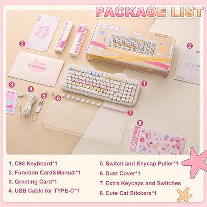 YUNZII C98 Cute Cake Wireless Mechanical Keyboard (Beige, Candy Switch) | 99 Keys with Number Pad, Hot Swap, PBT MOA Keycaps, BT5.0/2.4G/USB-C, Gasket Mount, Custom RGB Backlit for Win/Mac