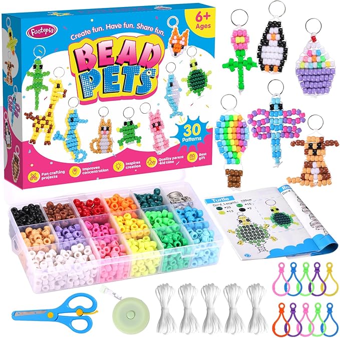 Funtopia Beads for Crafts, Pony Beads Keychain Making Kit, Bead Pets Art Crafts for Kids Beginners, Birthday Party DIY Craft for Girls Boys (1500 Bead, 30 Designs)