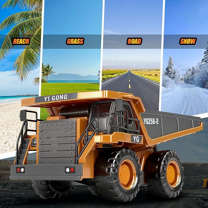 HuiJuKeJi Remote Control Dump Truck - 360° Rotating Metal Bed, 9-Channel RC Construction Toy for Indoor Outdoor Play, Rechargeable with Lights & Sounds, for Kids Ages 6+