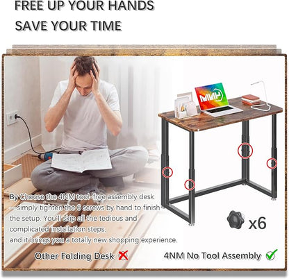 4NM No Tool Assembly 31.5" Small Desk, Folding Portable Desk with Wheels, Adjustable Height Foldable Computer Home Office Desks, Collapsible Study Writing Table for Space Saving Bedroom - Rustic Brown