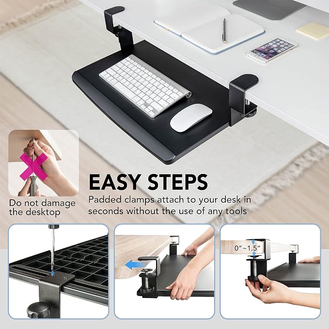 EHO Prime Desk Clamp Keyboard Tray, Under Desk Sliding Retractable Drawer, Ergonomic Space-Saving Platform for Standard Keyboards, Large 20" x 11.5" Workstation Extension
