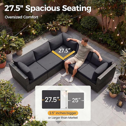 NICESOUL 9 Piece Outdoor Patio Sectional Furniture Sofa Set with Fire Pit Natural Gas Propane, 29.3'' High Back Modern Large Size Wicker Conversations with Fireplace for Backyard, Deep Seats Gray