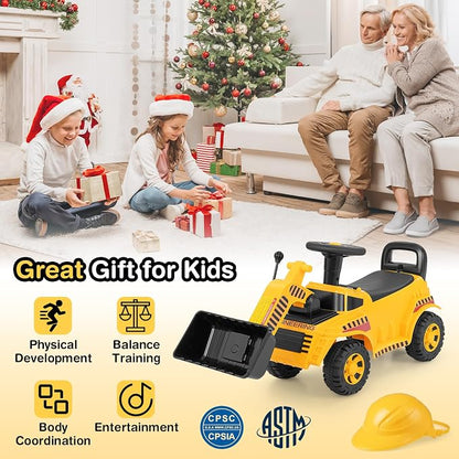 Costzon Ride On Bulldozer, Sit and Scoot Ride on Push Car for Toddlers with Helmet, Front Loader Shovel & Engine Sound, Under-seat Storage, Anti-Rollover Device, Kids Construction Truck, Gift