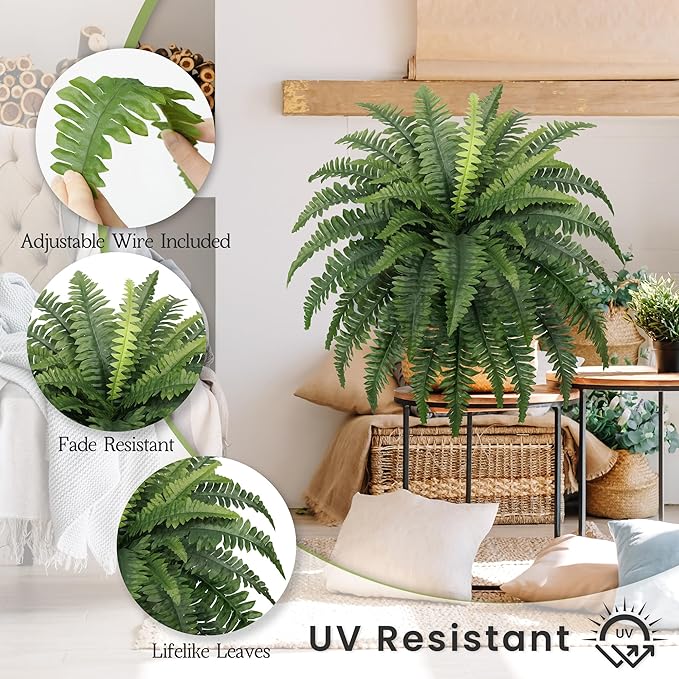 35" Ferns Artificial Bush Plants Large, 2 Artificial Boston Ferns with 39 Fronds for Outdoors Home Decor