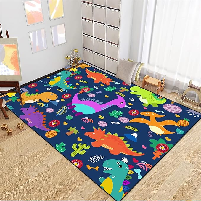 Dinosaur Rugs for Boys Bedroom Dinosaur Play Rug Kids Room Rug Dinosaur Area Rug Cartoon Dinosaur Carpet Cute Dinosaur Mat Dinosaur Rug for Living Room Bedroom Playroom, Blue 4'5''×6'