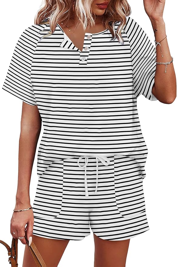 WIHOLL Two Piece Outfits for Women Lounge Sets Button Down Top and Shorts Set Sweatsuits with Pockets