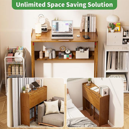 Folding Desk for Small Spaces, Bamboo Foldable Desk with Storage, Brown | Small Computer Desk with Bookshelf, Mid Century, Fold Out，Compact Size, for Bedroom, Living Room, Apartment, Home Office