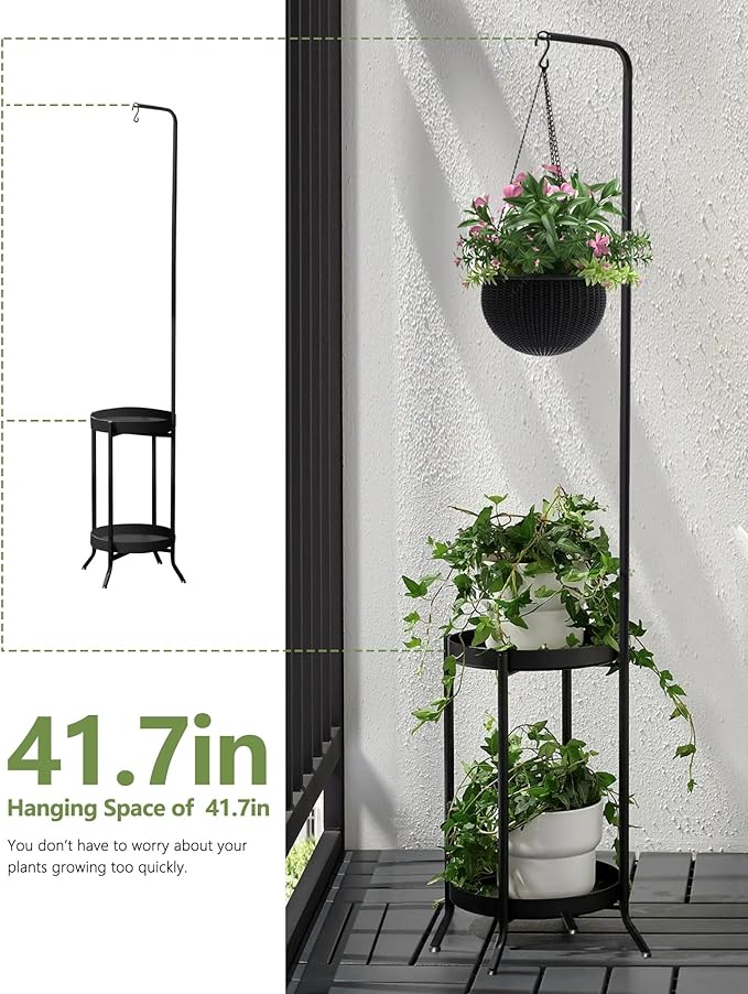 Hanging Plant Stand Indoor Outdoor, Space-Saving Corner Metal Plant Shelf 3 Potted Flower Pot Stand, 2 Tier 61" Tall Modern Planter Holder for Patio Garden Balcony Living Room Bedroom, Black