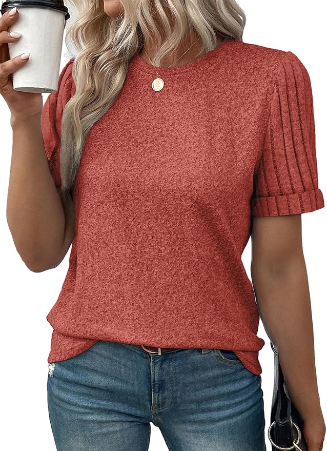 SHEWIN Women's Short Sleeve Summer Tops Crewneck Knit Solid Loose Casual Basic T Shirts Tee Blouses